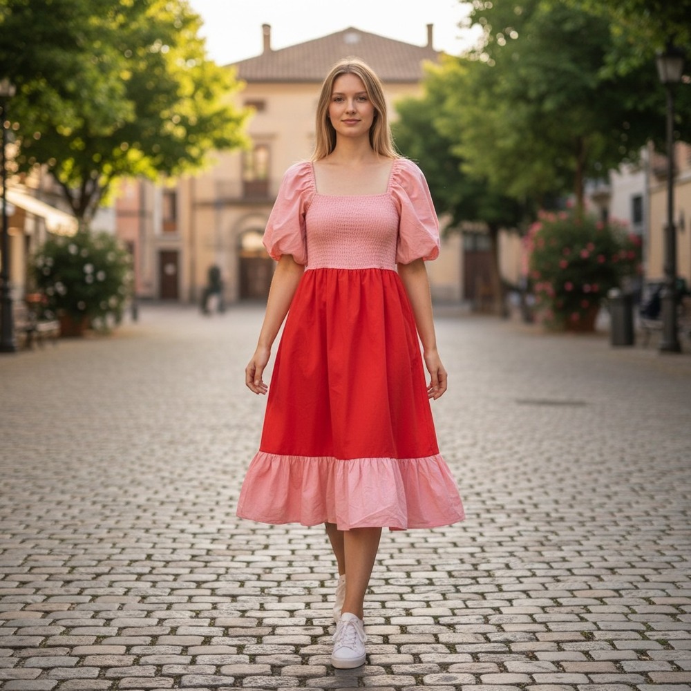 Moodie Womens Pink Red Colorblock Smocked Puff Sleeve Midi Dress Medium Romantic